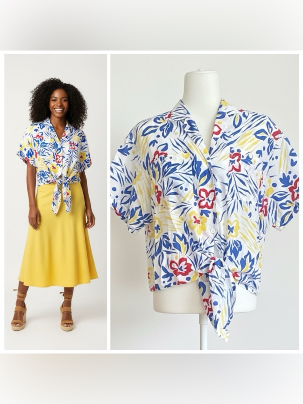 David Matthew Vtg 80s Resort Tropical Floral Button-Up Tie-Front Shirt Size 14 - Picture 4 of 13